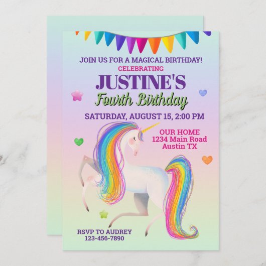 ハンドドローカラフルドマジカルユニコーン誕生日 招待状 (正面/裏面)