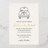 ハンドドローカーモダンドードル結婚ズ 箔招待状 (正面)