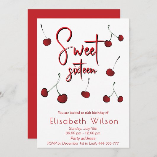 ハンドドロークールウィムシよくはしゃぐさくらんぼスイート16 招待状 (正面/裏面)