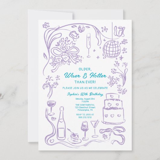 ハンドドローコケットワイザー及びホッター誕生日 招待状 (正面)