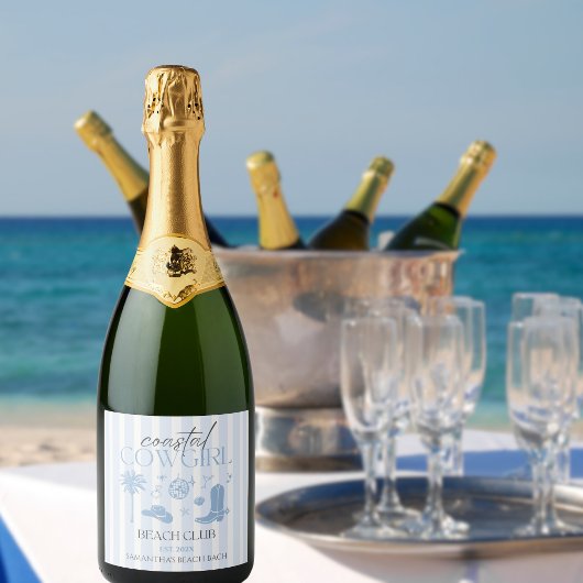 ハンドドローコースト女性のカーボーイビーチクラブバチェロレッテ スパークリングワインラベル