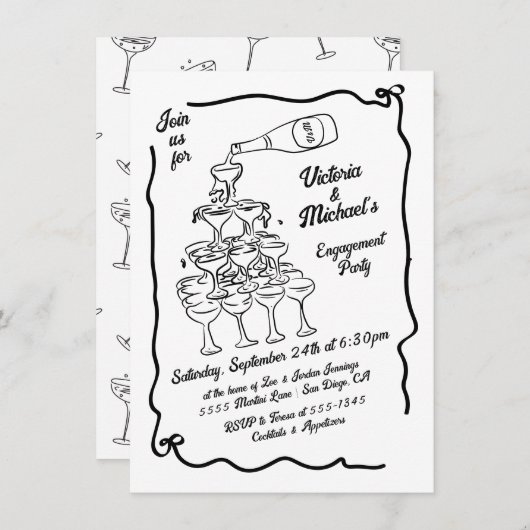 ハンドドローシャンパンスタック婚約パーティ 招待状 (正面/裏面)