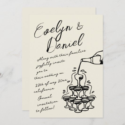 ハンドドローシャンパンタワーフランスのスタイル結婚ズ 招待状 (正面/裏面)