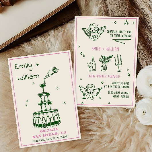 ハンドドローシャンパンタワー結婚式招待状 招待状