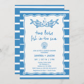 ハンドドローストライプド青い魚カップルブライダルシャワー 招待状 (正面/裏面)