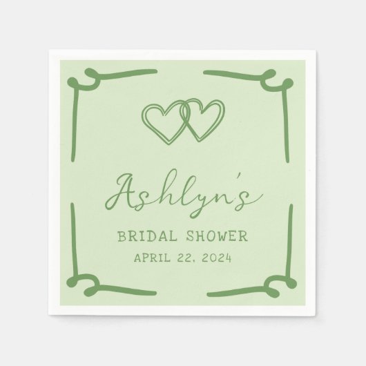 ハンドドロードグリーンハートブライダルシャワー紙ナプキンス スタンダードカクテルナプキン (正面)