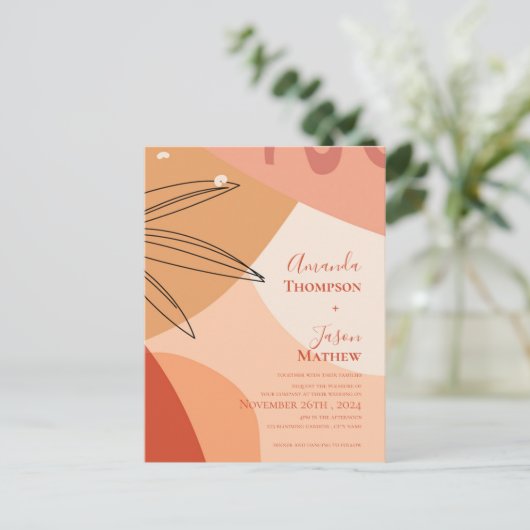 ハンドドロードテラコッタ抽象芸術結婚式招待状 ポストカード (スタンド正面)