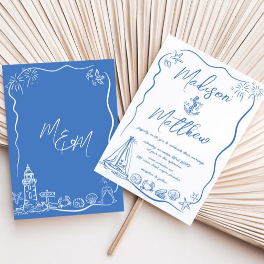 ハンドドロードドードルいかり航海のビーチ結婚ズ 招待状