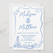 ハンドドロードドードルいかり航海のビーチ結婚ズ 招待状 (正面)