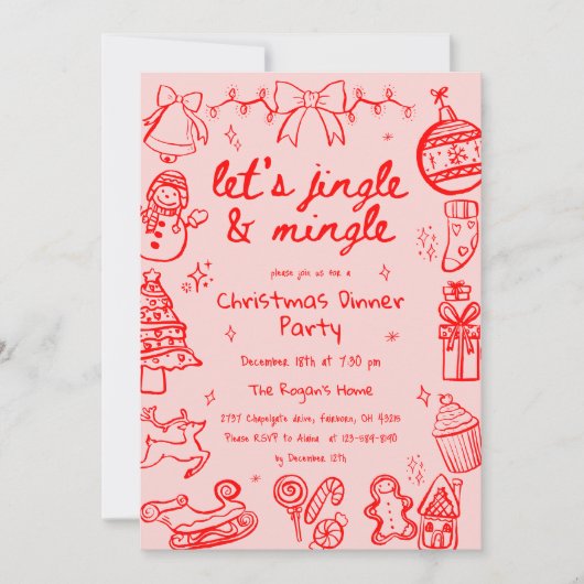 ハンドドロードドードルイラストレーションクリスマスパーティー 招待状 (正面)
