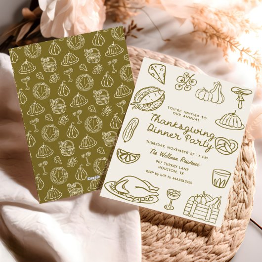 ハンドドロードドードルサンクスギビングディナー招待状 シーズンカード