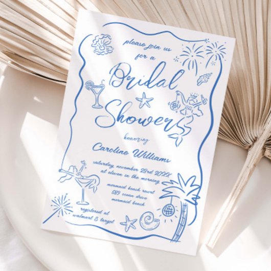 ハンドドロードドードルスケッチビーチブライダルシャワー 招待状