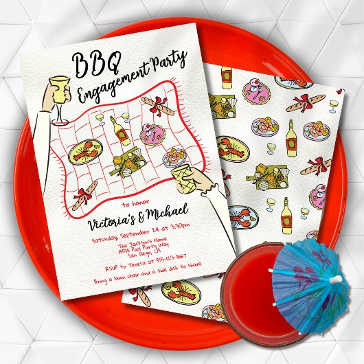 ハンドドロードドードルピクニック婚約パーティ 招待状