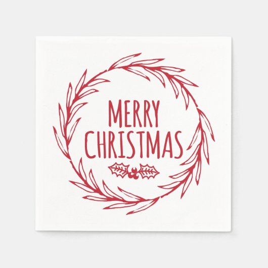 ハンドドロードメリークリスマスリースホリデーナプキンス スタンダードカクテルナプキン (正面)