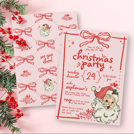 ハンドドロードレッドピンクボウヴィンテージサンタクリスマス 招待状