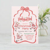 ハンドドロードレッドピンクヴィンテージサンタクリスマスパーティー 招待状 (スタンド正面)