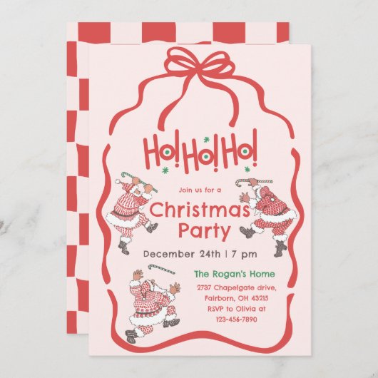 ハンドドロードレッドピンクヴィンテージサンタクリスマスパーティー 招待状 (正面/裏面)