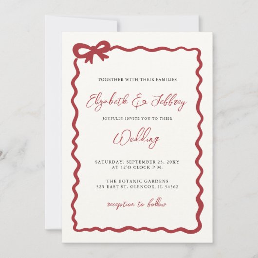 ハンドドロードレッドボウコケモダンッシ結婚ック 招待状 (正面)