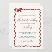 ハンドドロードレッドボウコケモダンッシ結婚ック 招待状 (正面/裏面)