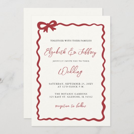 ハンドドロードレッドボウコケモダンッシ結婚ック 招待状 (正面/裏面)