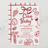 ハンドドロードレッドボウ項目チャオベビー赤ちゃんシャワー 招待状 (正面/裏面)