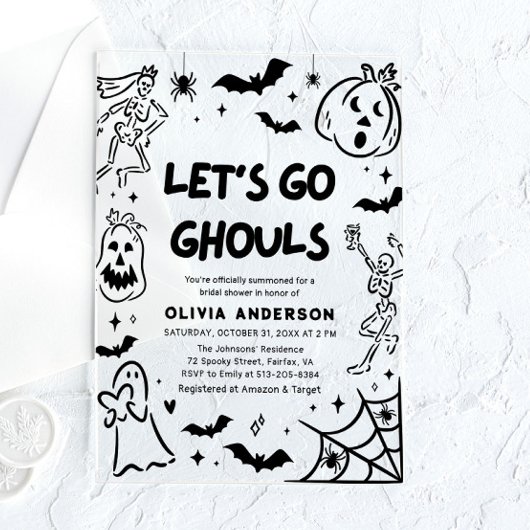 ハンドドローハロウィーンスケルトン幽霊ブライダルシャワー アクリル招待状