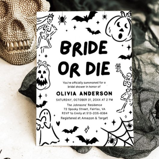 ハンドドローハロウィーンスケルトン幽霊ブライダルシャワー 招待状