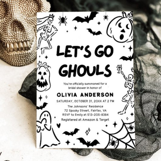 ハンドドローハロウィーンスケルトン幽霊ブライダルシャワー 招待状