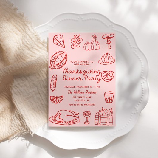 ハンドドローピンクウィムジードゥードルサンクスギビング招待状 シーズンカード