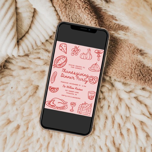 ハンドドローピンクウィムジードゥードルサンクスギビング招待状 シーズンカード