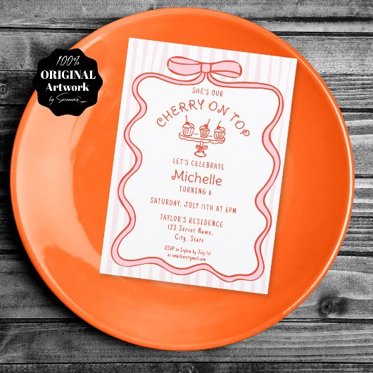 ハンドドローピンクボウさくらんぼオントップガール誕生日 招待状