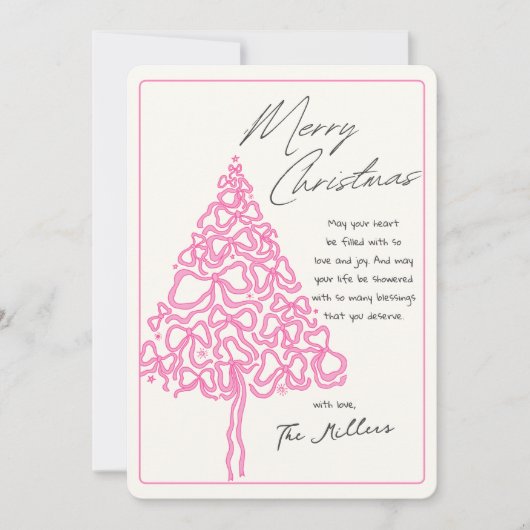 ハンドドローピンクボウクリスマスツリーメリークリスマス シーズンカード (正面)