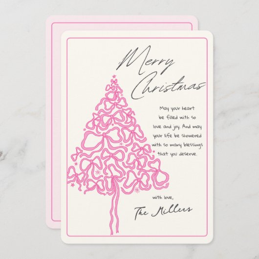 ハンドドローピンクボウクリスマスツリーメリークリスマス シーズンカード (正面/裏面)