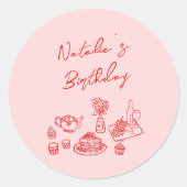 ハンドドローピンクレッドテーブルウェア誕生日ブランチ ラウンドシール (正面)