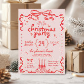 ハンドドローピンク&レッドボウモダンクリスマスパーティー 招待状