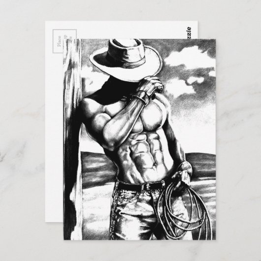 ハンドドローファインアート男らしウエスタンカウボーイ ポストカード (正面/裏面)