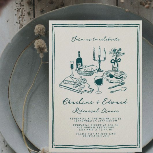ハンドドローファンキースケッチリハーサルディナー 招待状