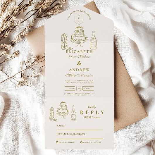 ハンドドローファンキードウェスタン結婚ドードル オールインワン招待状