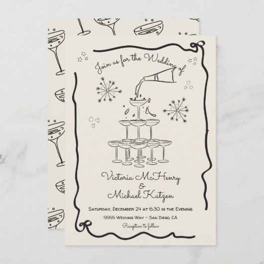 ハンドドローファンキードシャンパ結婚ニュ塔 招待状 (正面/裏面)