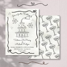 ハンドドローファンキードシャンパ結婚ニュ塔 招待状