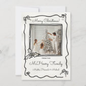 ハンドドローファンキードBow Holly写真メリークリスマス 招待状 (正面)