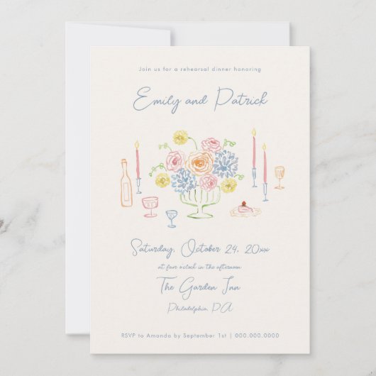 ハンドドローファンキーパステルお洒落リハーサルディナー 招待状 (正面)