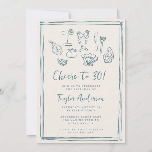 ハンドドローファンキー航海のビーチ30歳 招待状 (正面)