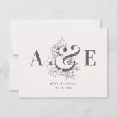 ハンドドローフローラエレガントな結婚式の招待状 案内状 (正面)