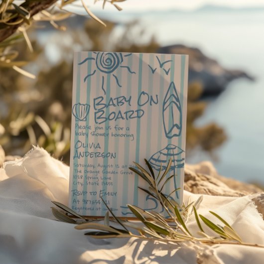 ハンドドローベビーオンボードサーフサマーベビーシャワー 招待状