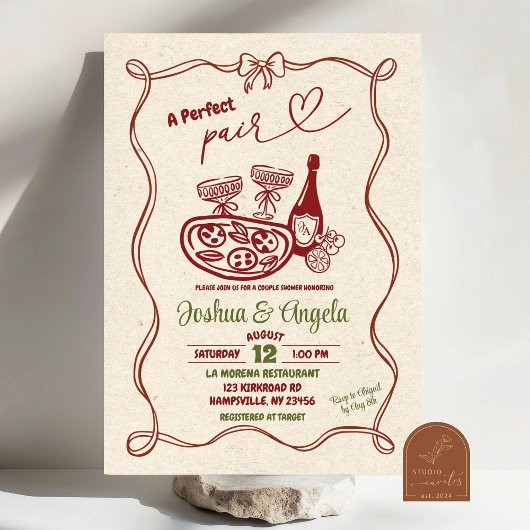 ハンドドローボウパーフェクトペアブライダルシャワー 招待状