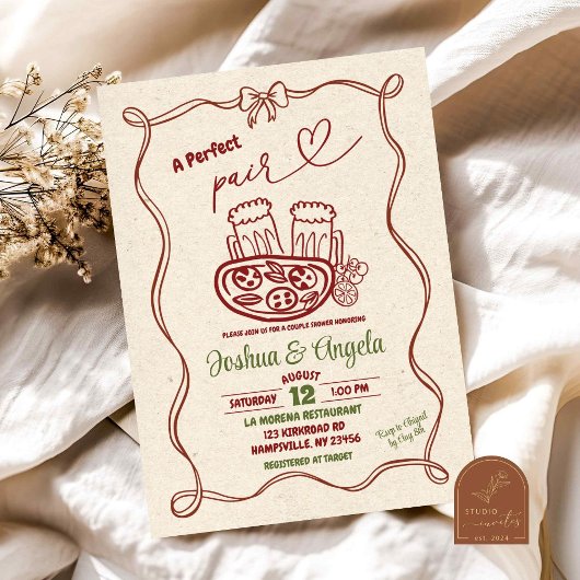 ハンドドローボウパーフェクトペアブライダルシャワー 招待状