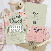 ハンドドローユニークドヴィラセージグリーンフローラズ結婚 招待状