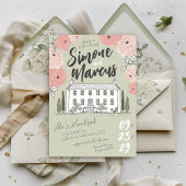 ハンドドローユニークドヴィラセージグリーンフローラズ結婚 招待状