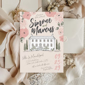 ハンドドローユニークドヴィラピンクグリーンフローラズ結婚 招待状